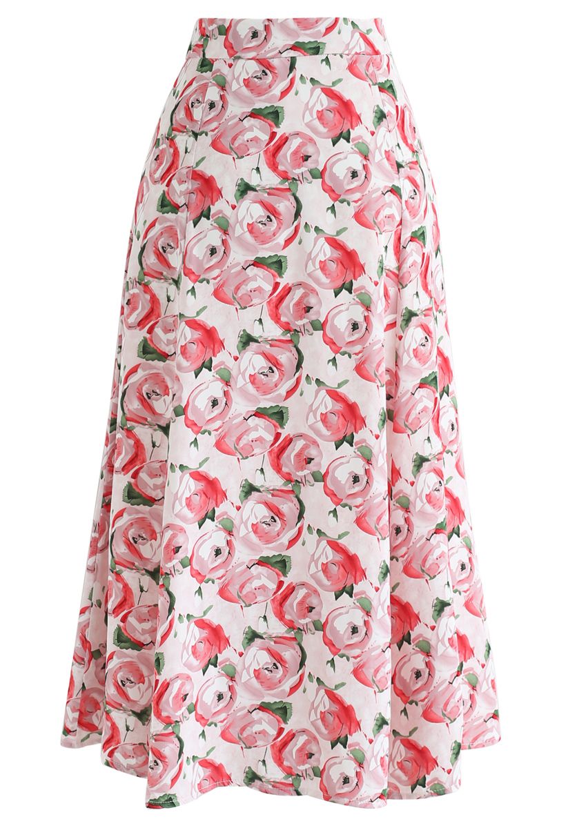 Red Rose Printed A-Line Midi Skirt
