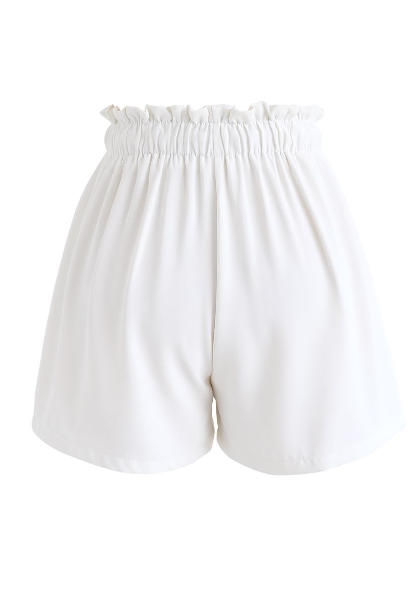 PaperBag-Waist Pockets Shorts in White