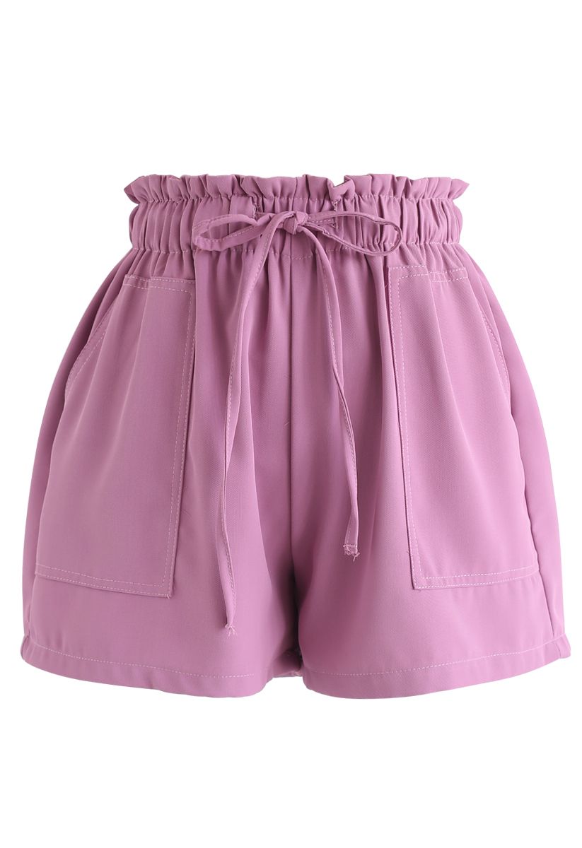 PaperBag-Waist Pockets Shorts in Fuchsia
