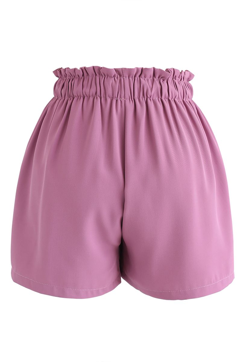 PaperBag-Waist Pockets Shorts in Fuchsia