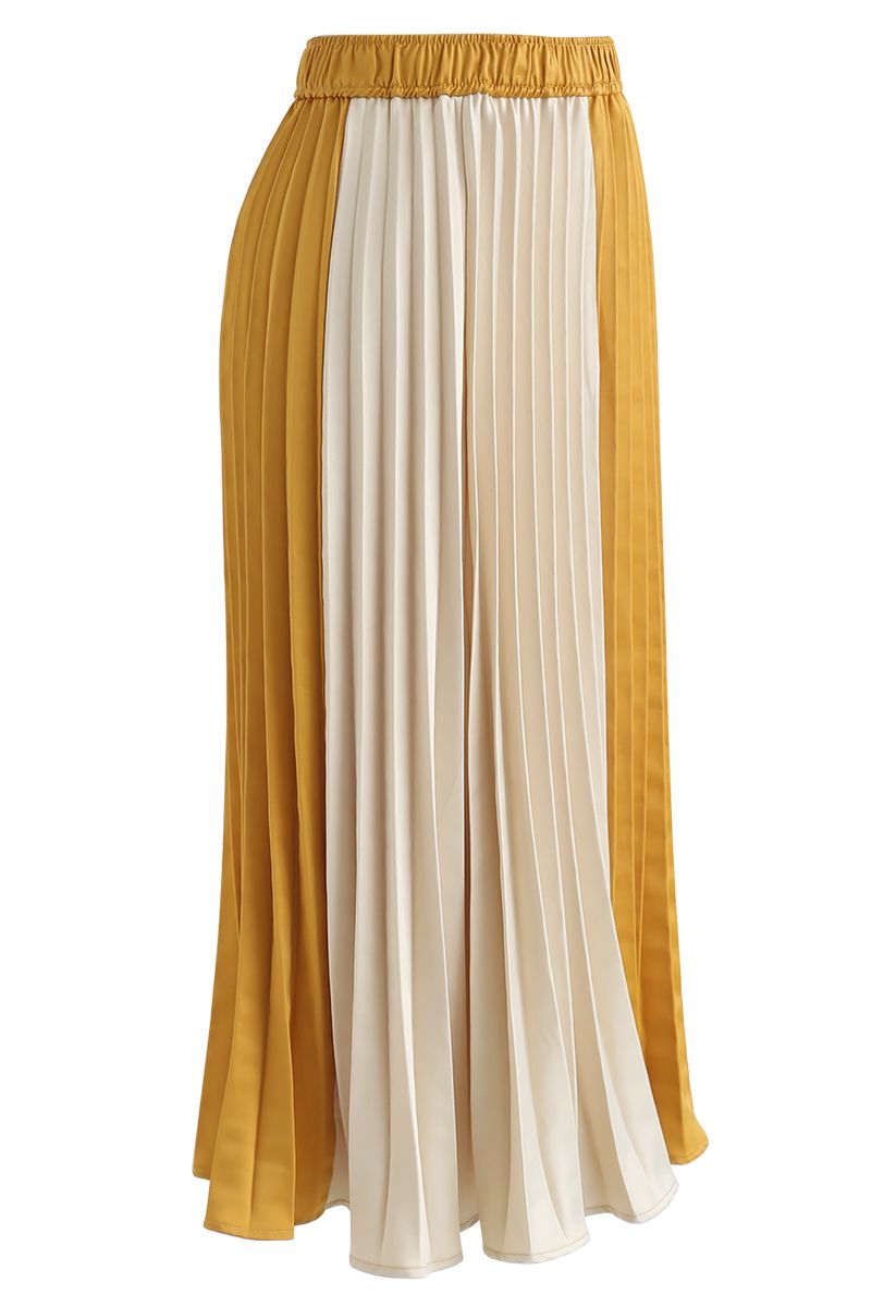 Color-Block Satin Pleated Midi Skirt