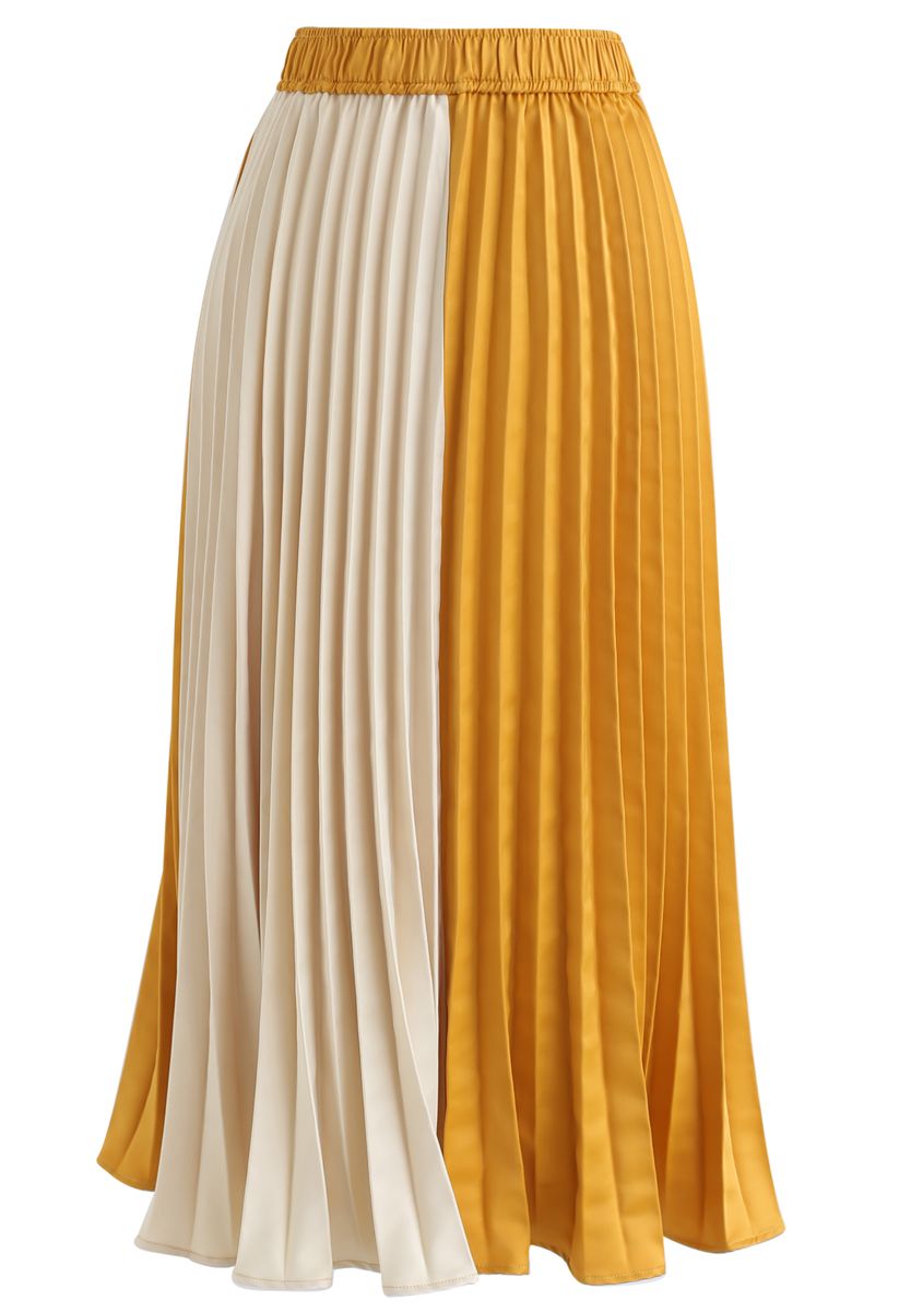 Color-Block Satin Pleated Midi Skirt