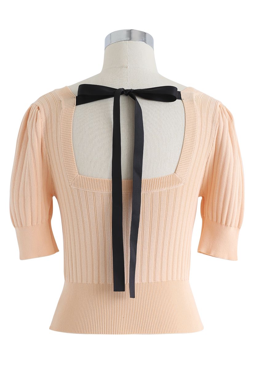 Square Neck Knot Tie Crop Knit Top in Apricot