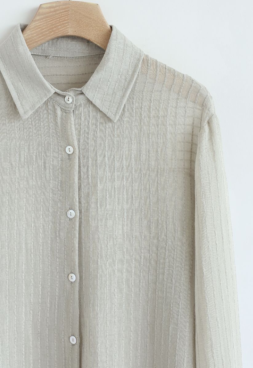 Stripe Texture Button Down Sleeves Shirt in Pea Green
