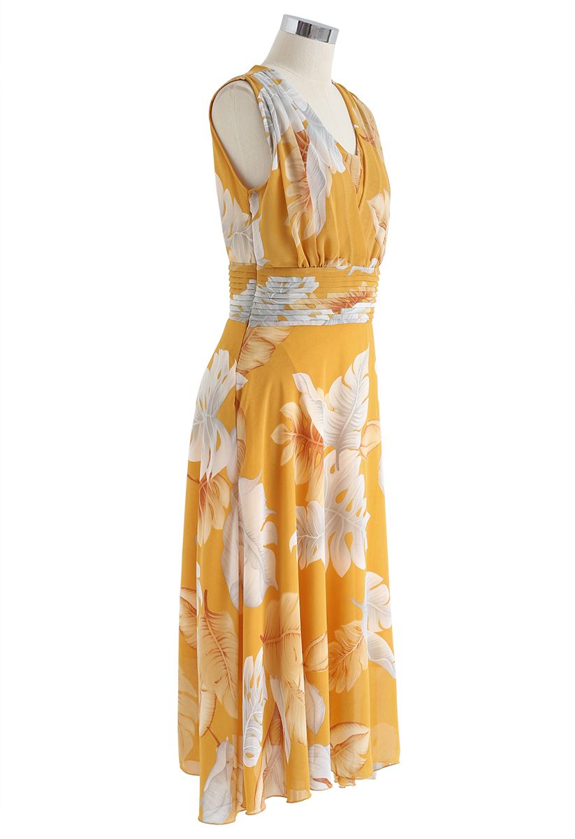 Mustard Tropical Leaf Pleated Sleeveless Chiffon Dress - Retro, Indie ...