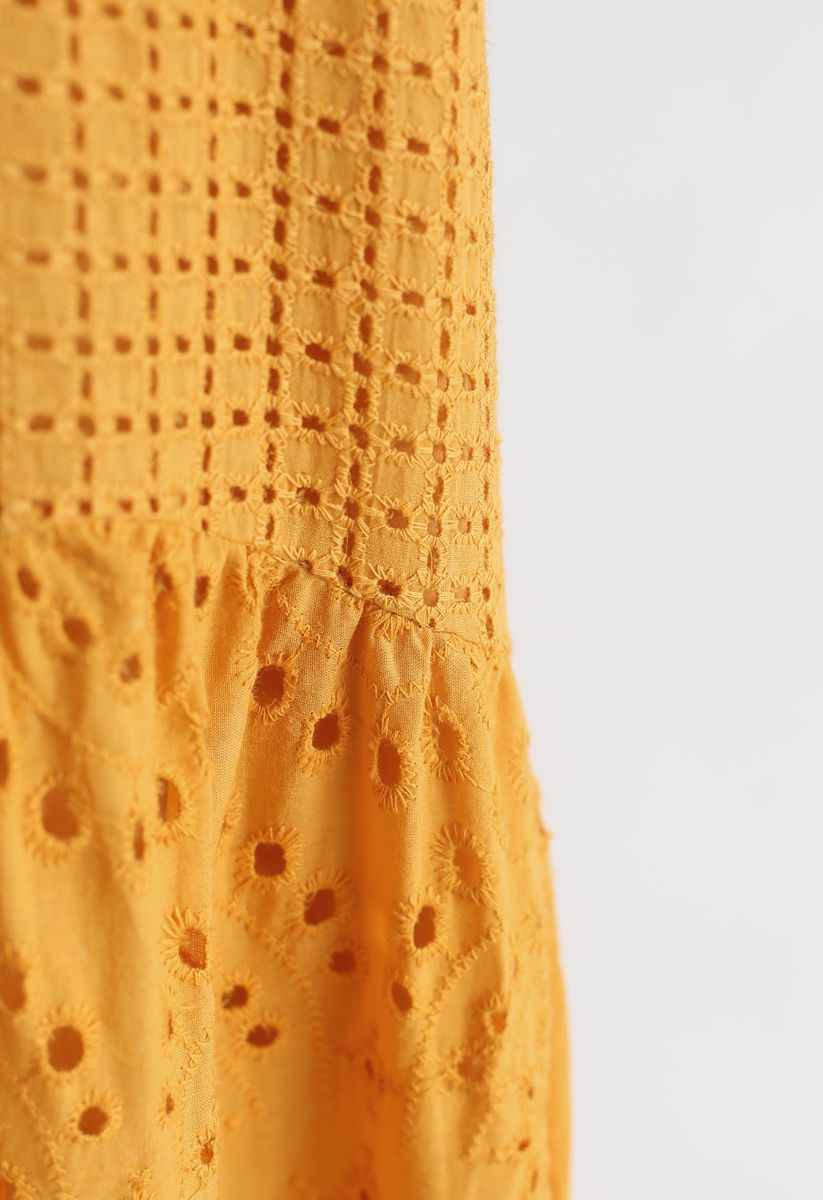 Mustard Perforated Embroidered Sleeveless Dress