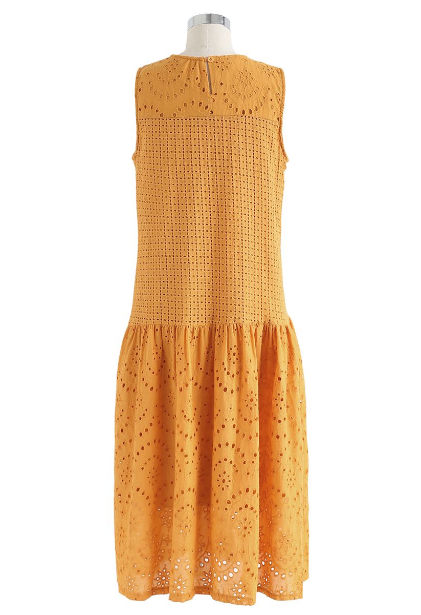 Mustard Perforated Embroidered Sleeveless Dress