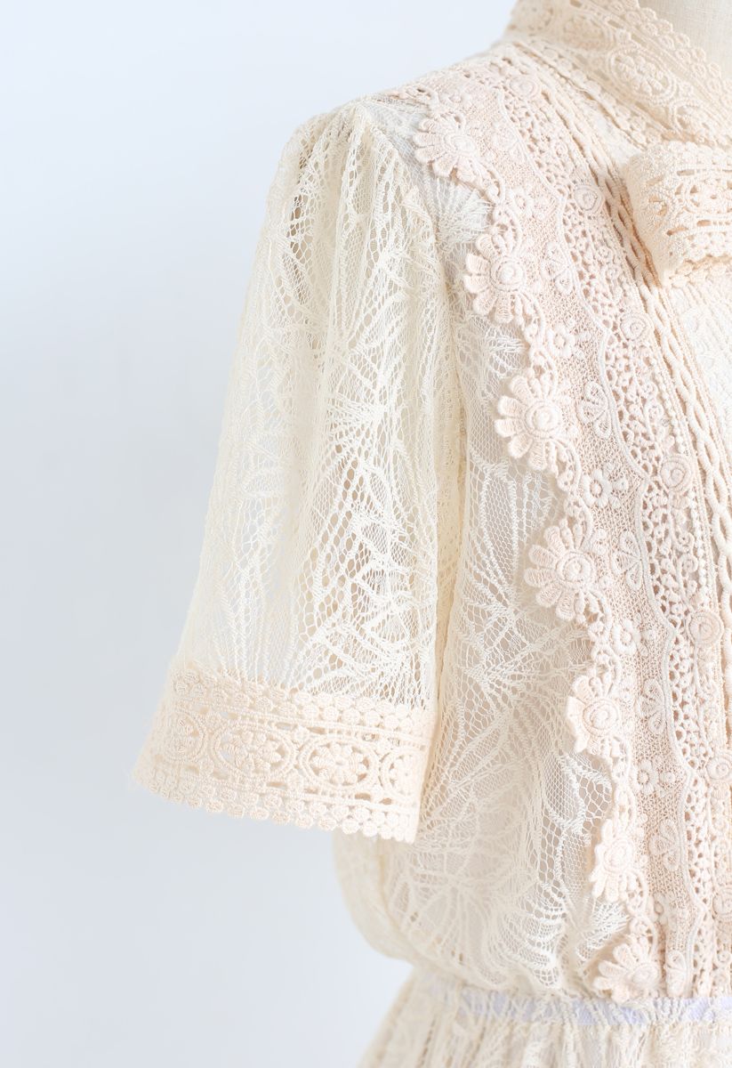 Bowknot Crochet Trim Lace Dress in Cream - Retro, Indie and Unique Fashion