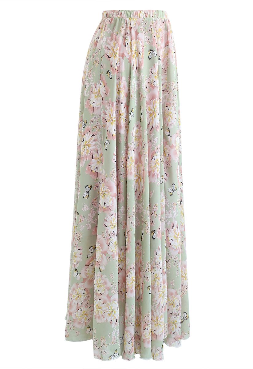 Butterfly and Floral Print Chiffon Maxi Skirt in Pistachio