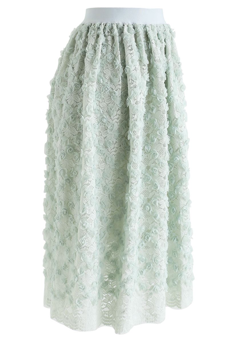 3D Roses Full Lace Midi Skirt in Mint
