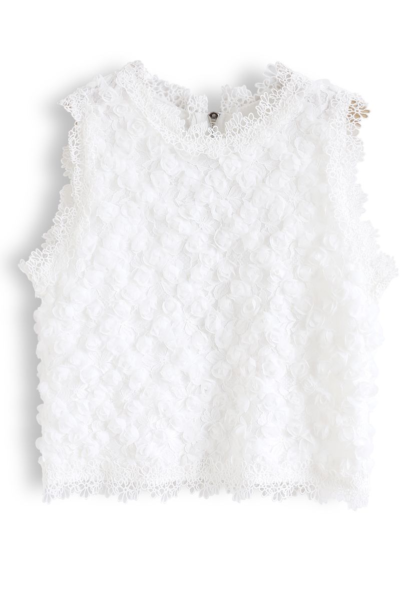 3D Roses Full Lace Sleeveless Top in White
