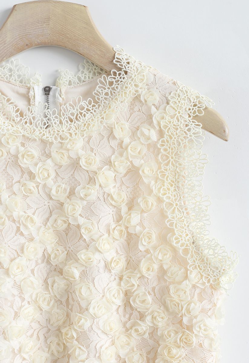 3D Roses Full Lace Sleeveless Top in Cream