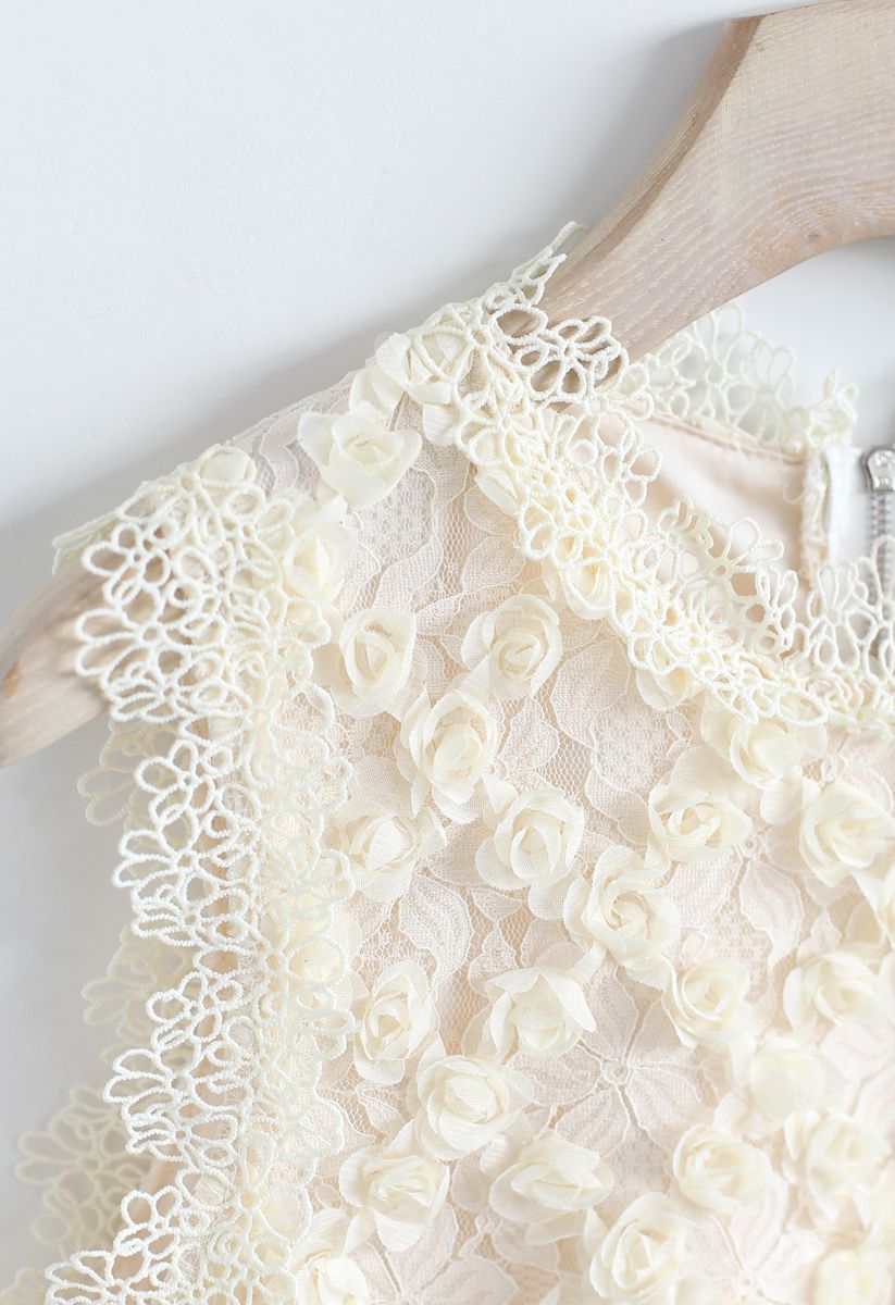 3D Roses Full Lace Sleeveless Top in Cream