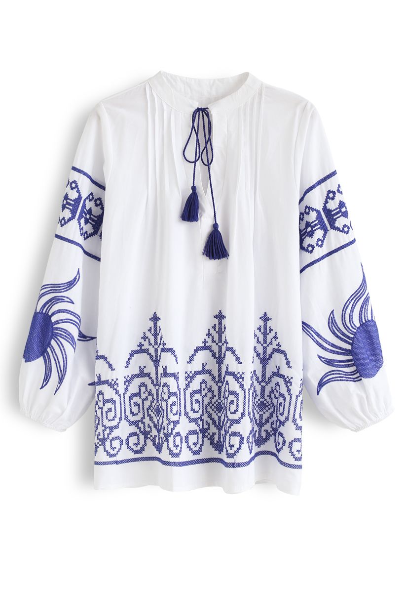 Indigo Boho Embroidery V-Neck Tunic