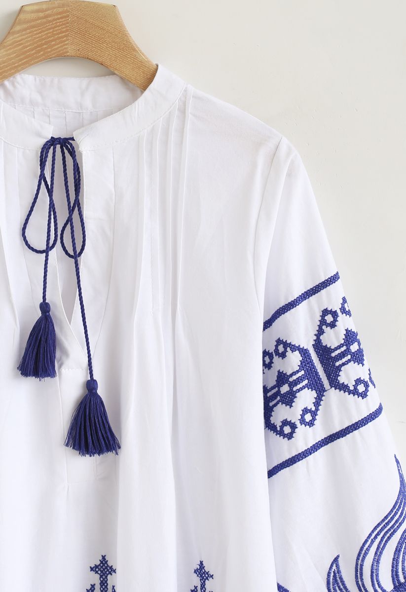 Indigo Boho Embroidery V-Neck Tunic