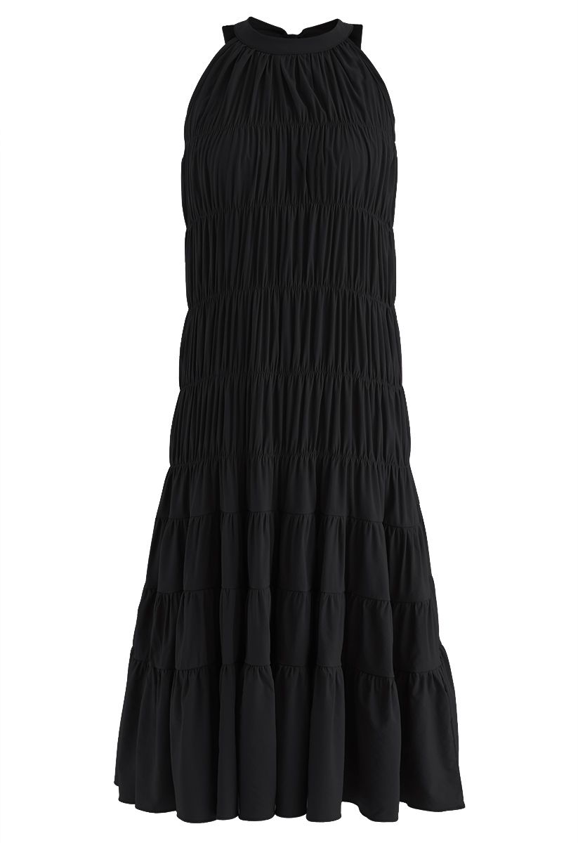 Bowknot Pleated Halter Dress in Black