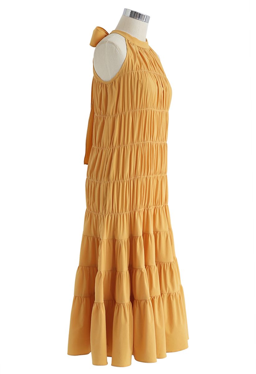 Bowknot Pleated Halter Dress in Mustard