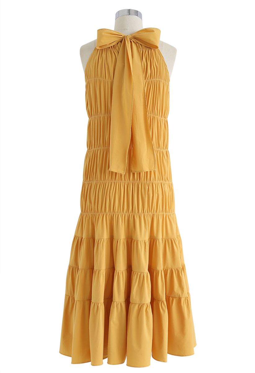 Bowknot Pleated Halter Dress in Mustard