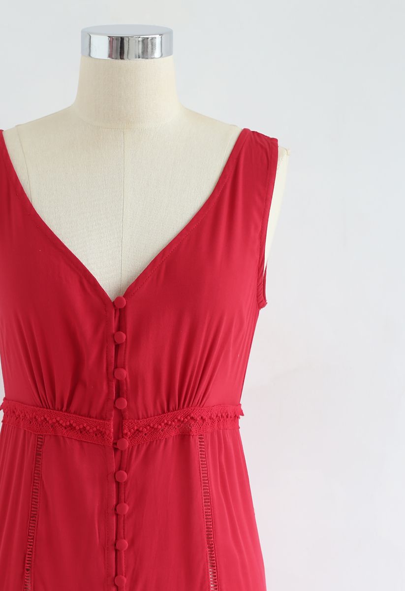 Crochet Trims Panelled Button Down Sleeveless Maxi Dress in Red
