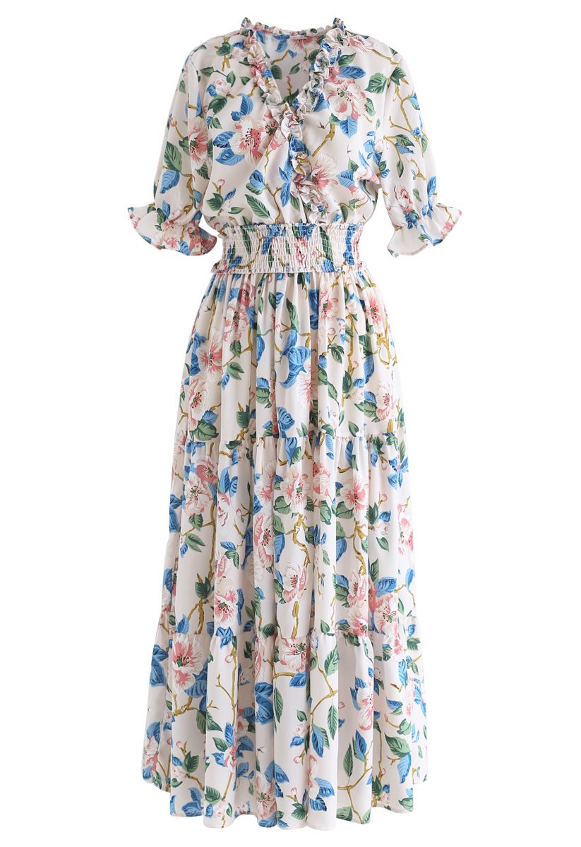 Full Blooming Floral Ruffle Wrapped Dress in Ivory