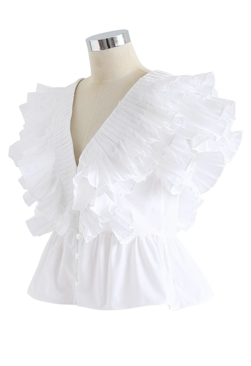 Pleated Ruffle Buttoned Deep V-Neck Crop Top