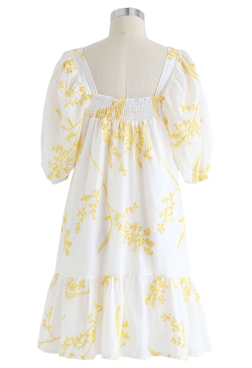 Wildflowers Embroidered Puff Sleeves Dolly Dress in White