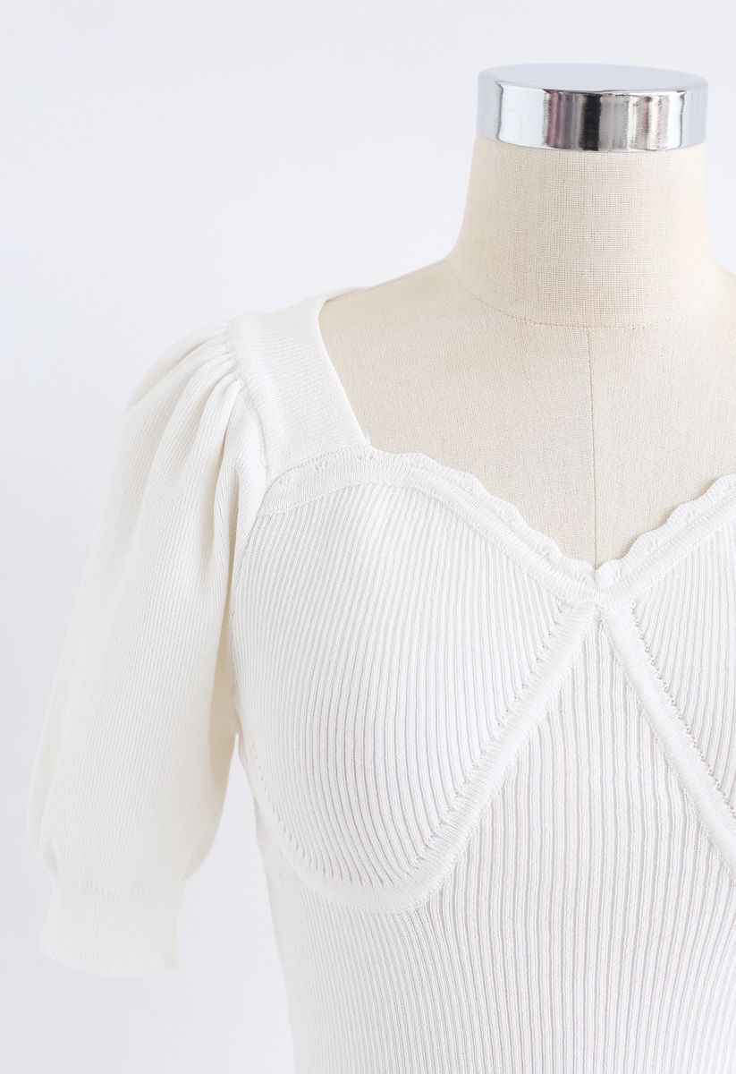 Sweetheart Neck Fitted Ribbed Knit Top in White