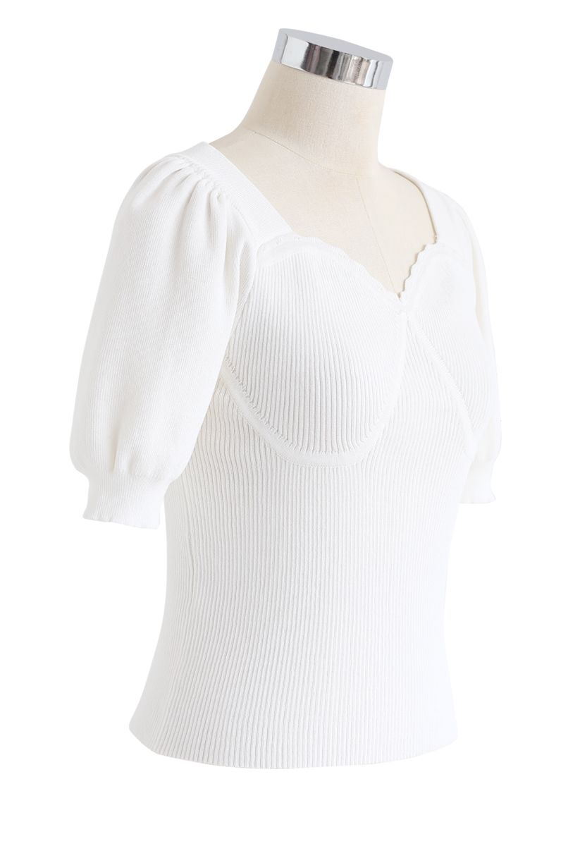 Sweetheart Neck Fitted Ribbed Knit Top in White