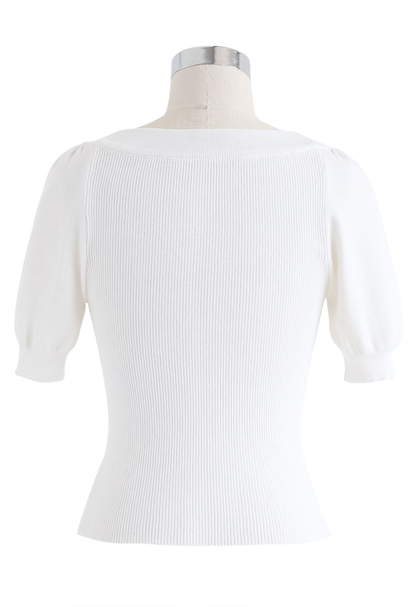 Sweetheart Neck Fitted Ribbed Knit Top in White