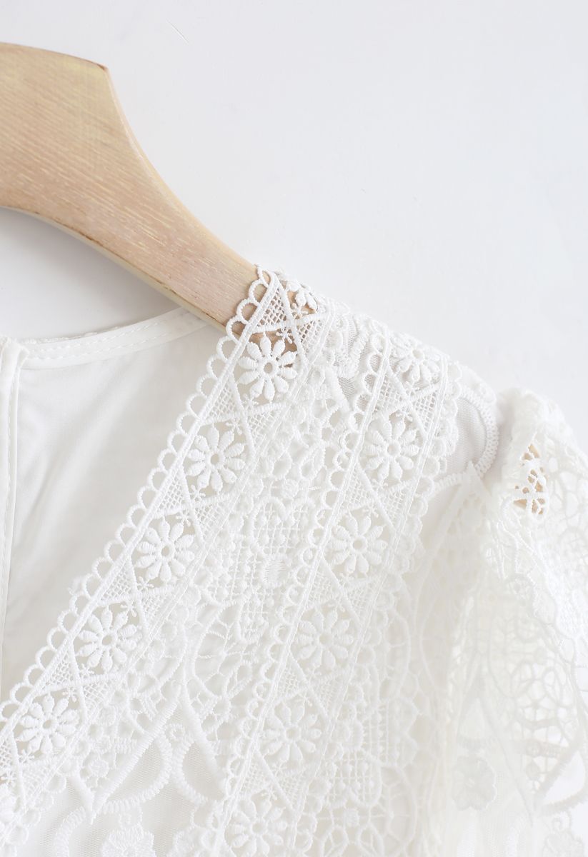 V-Neck Crochet Mesh Cropped Top in White