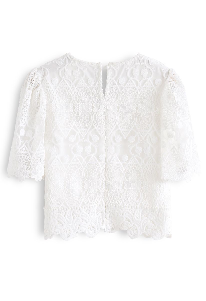 V-Neck Crochet Mesh Cropped Top in White