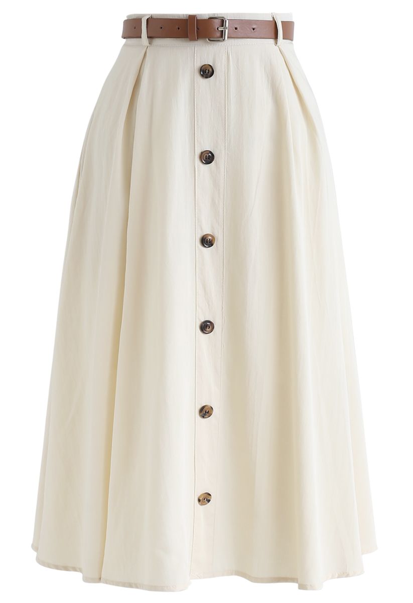 Buttoned Belted A-Line Midi Skirt in Cream