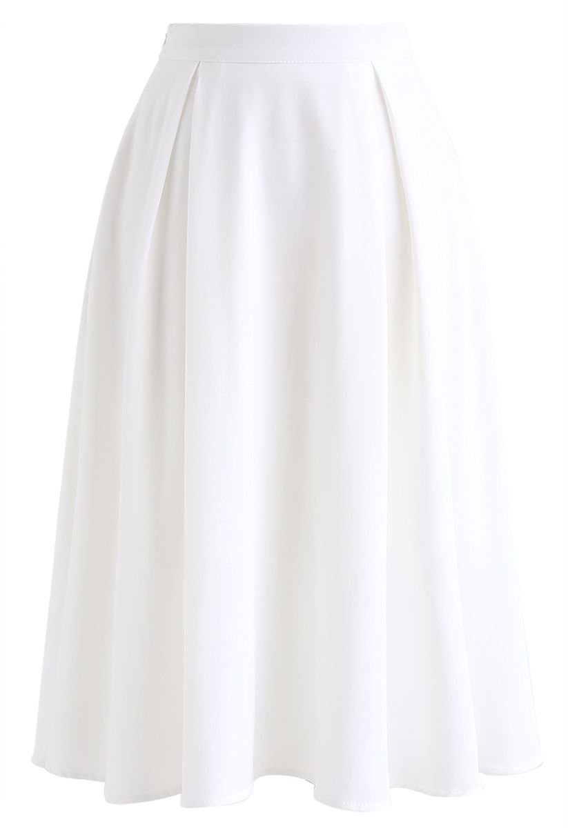 Side Zip Pleated A-Line Midi Skirt in White
