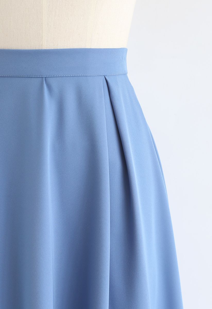 Side Zip Pleated A-Line Midi Skirt in Blue