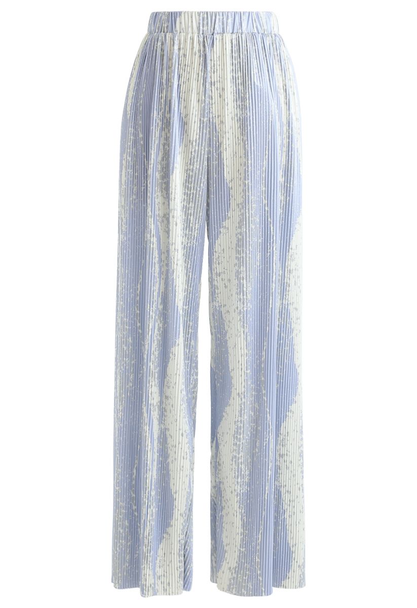 Contrast Color Print Pleated Wide-Leg Pants in Blue