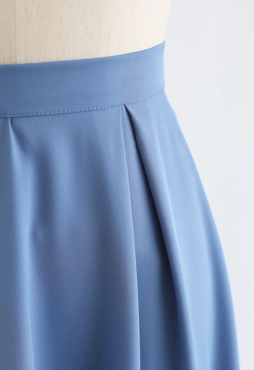 Side Zip Pleated A-Line Midi Skirt in Blue