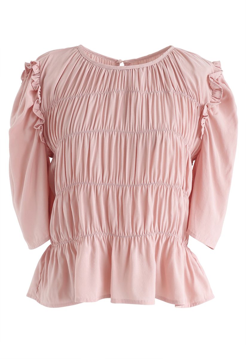 Ruffle Shirred Round Neck Top in Coral