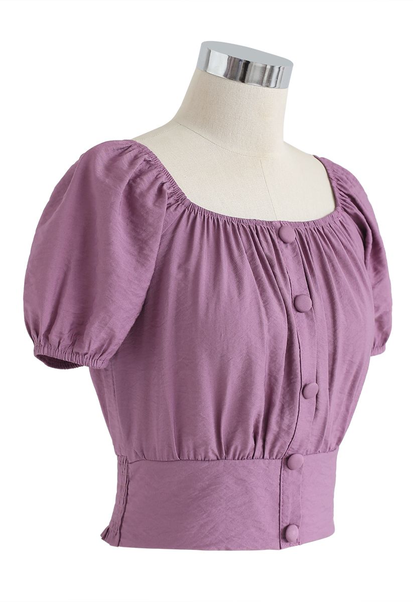 Square Neck Buttoned Front Cropped Top in Purple