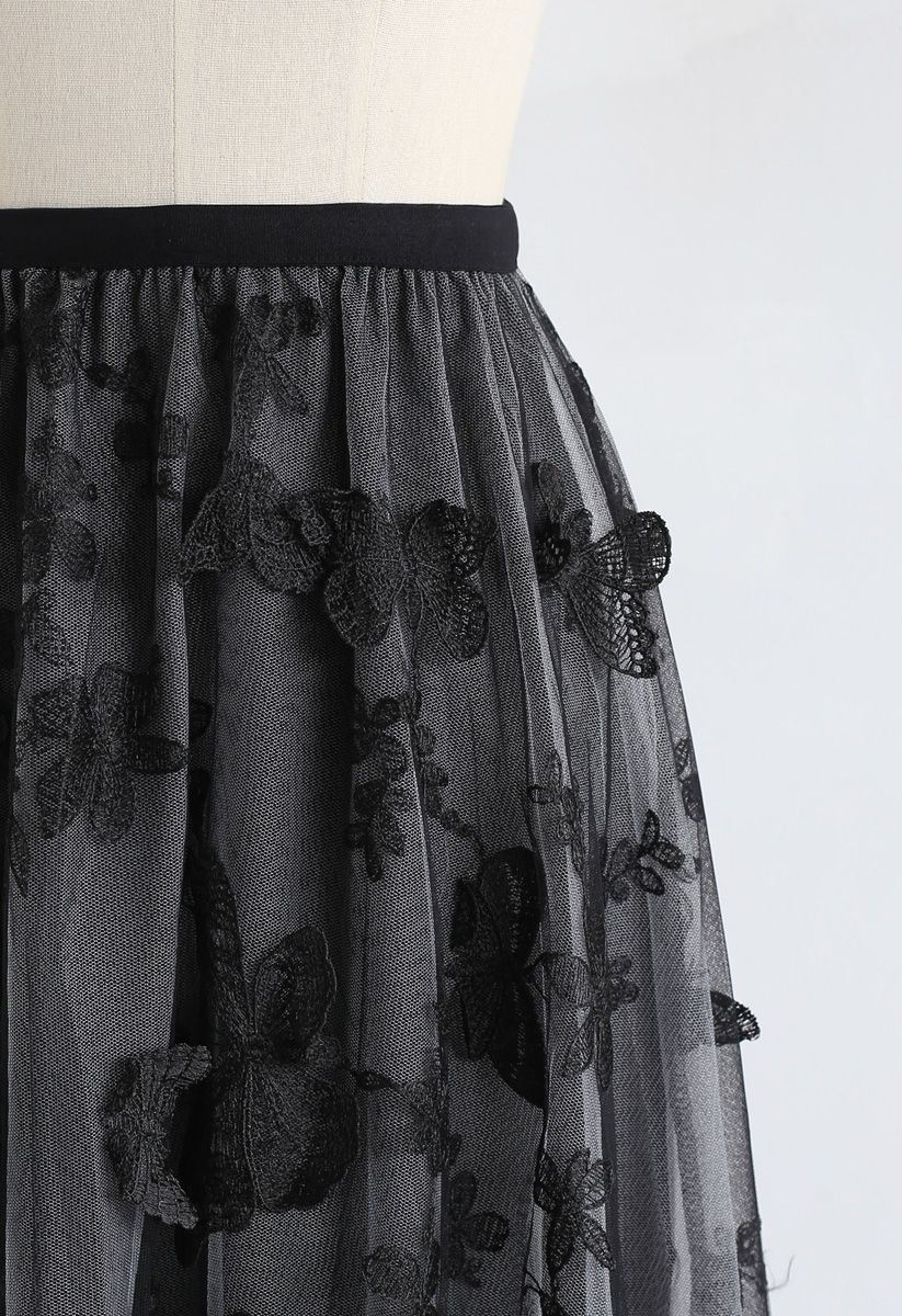 3D Butterfly Double-Layered Mesh Midi Skirt in Smoke