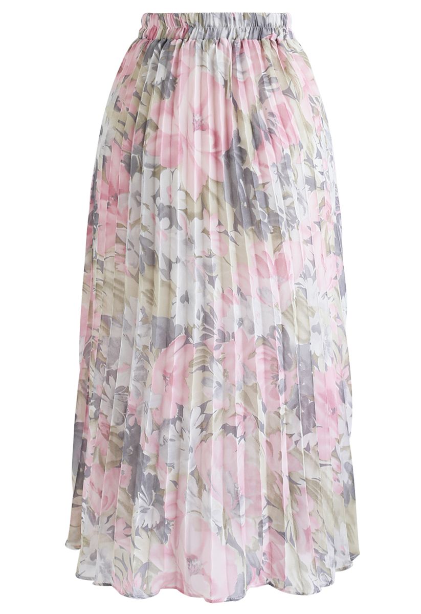 Delightful Floral Pleated Chiffon Skirt in Pink