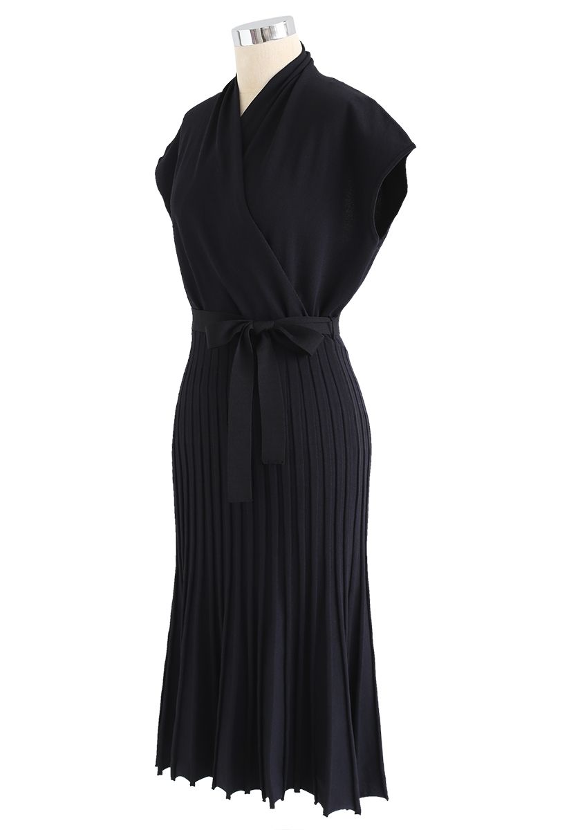 Pleated Sleeveless Wrapped Knit Dress in Black - Retro, Indie and ...