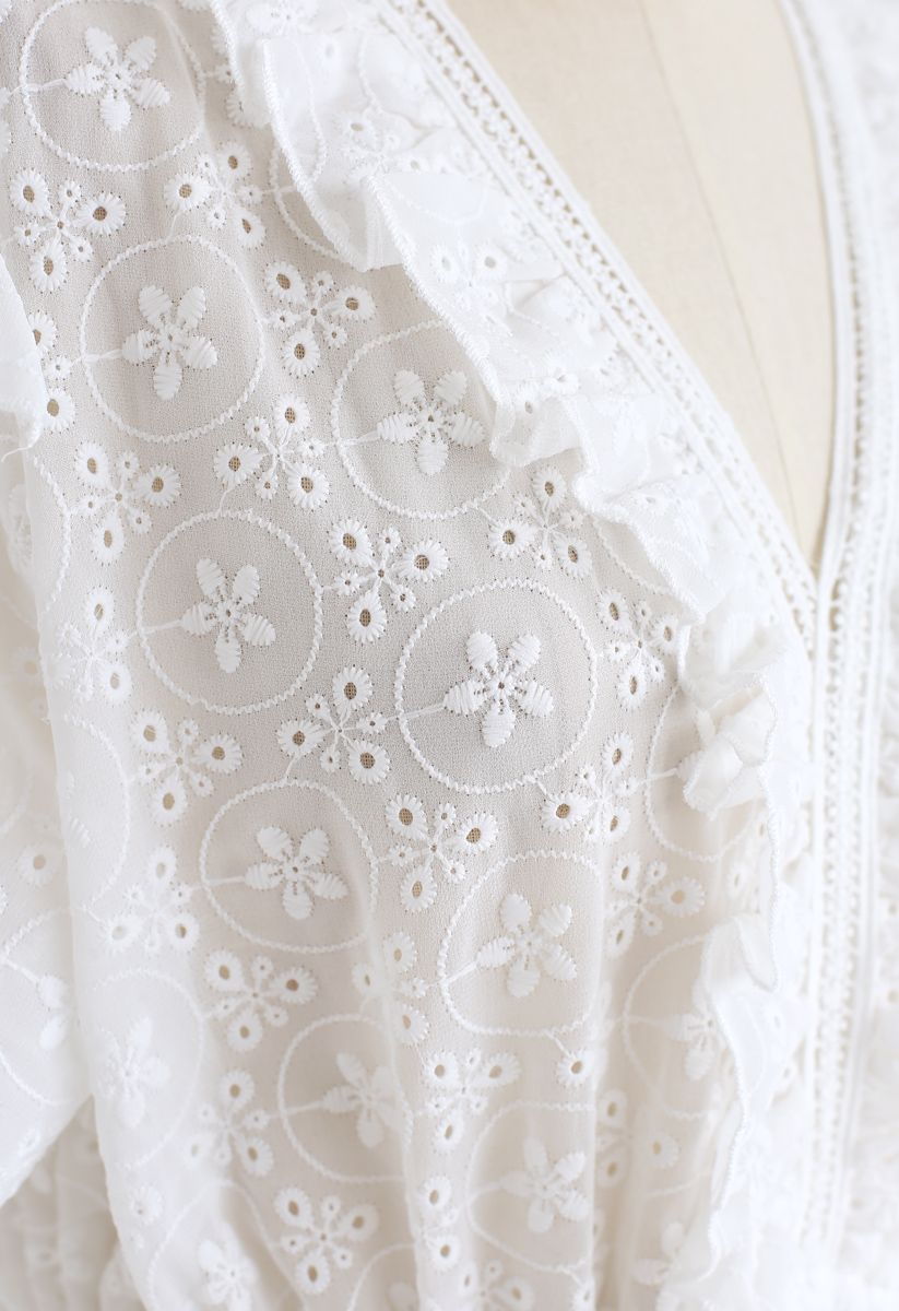 Ruffle Eyelet Embroidery Tiered Peplum Top in White