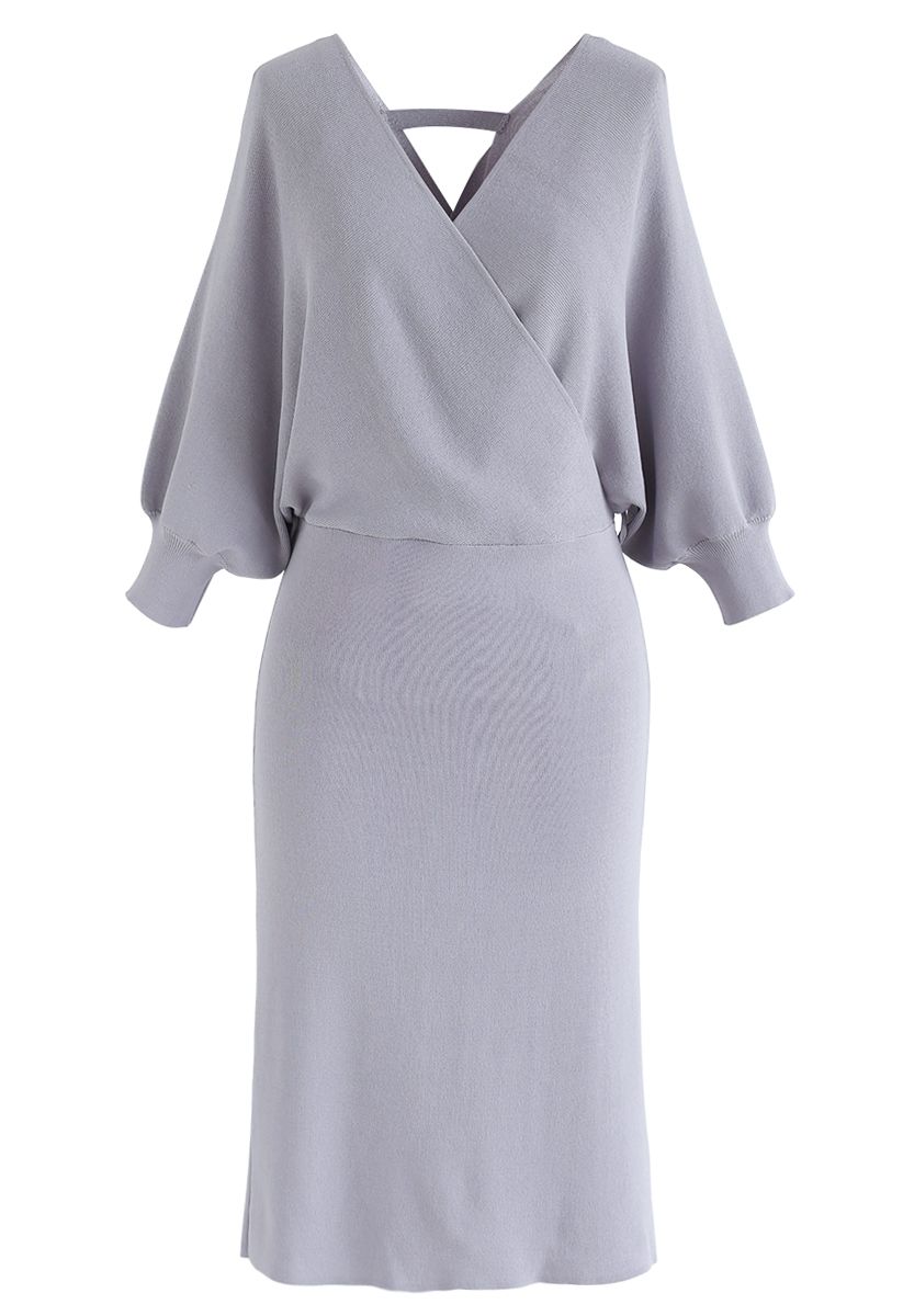 Batwing Sleeves Wrapped Knit Midi Dress in Lavender