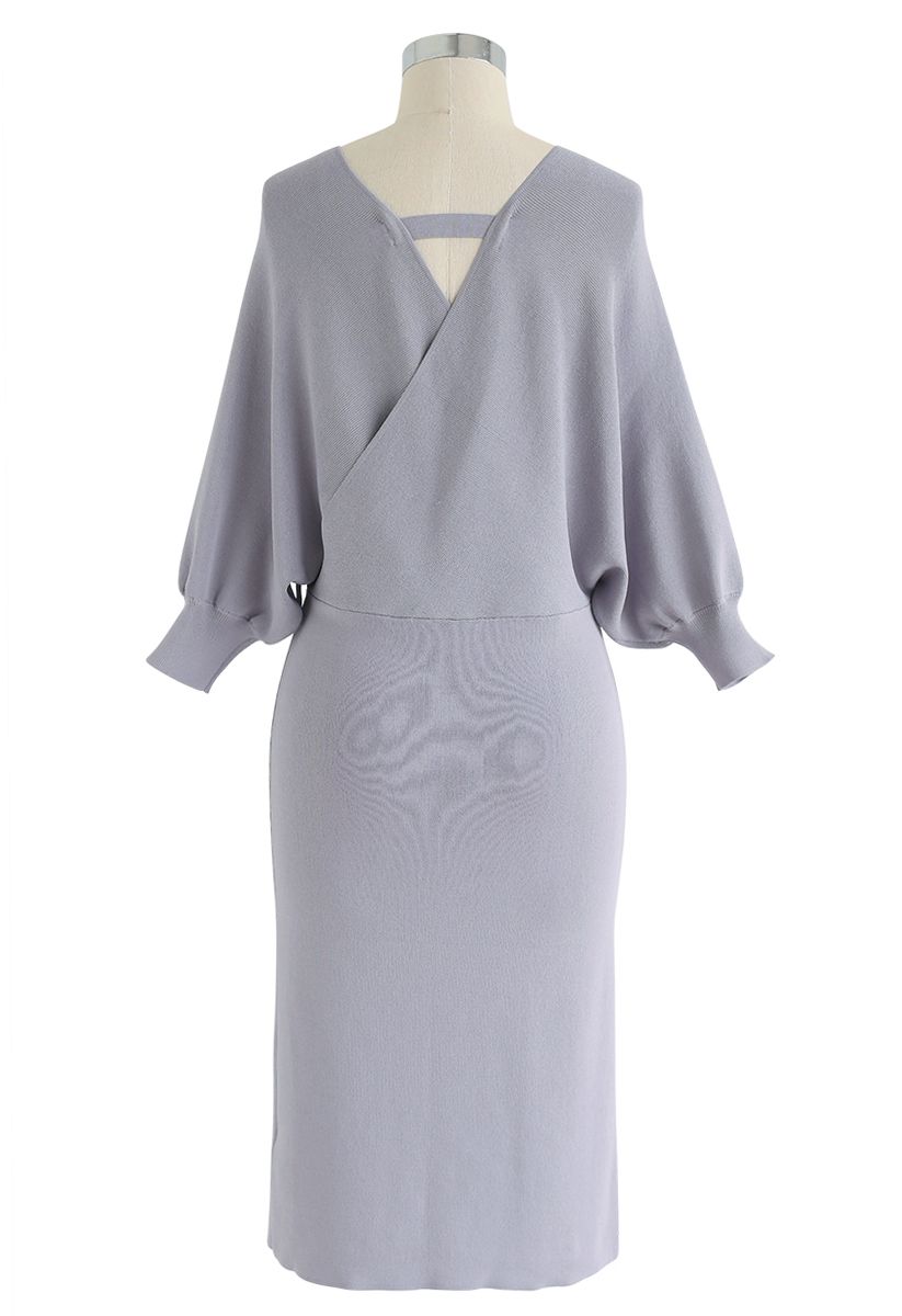 Batwing Sleeves Wrapped Knit Midi Dress in Lavender