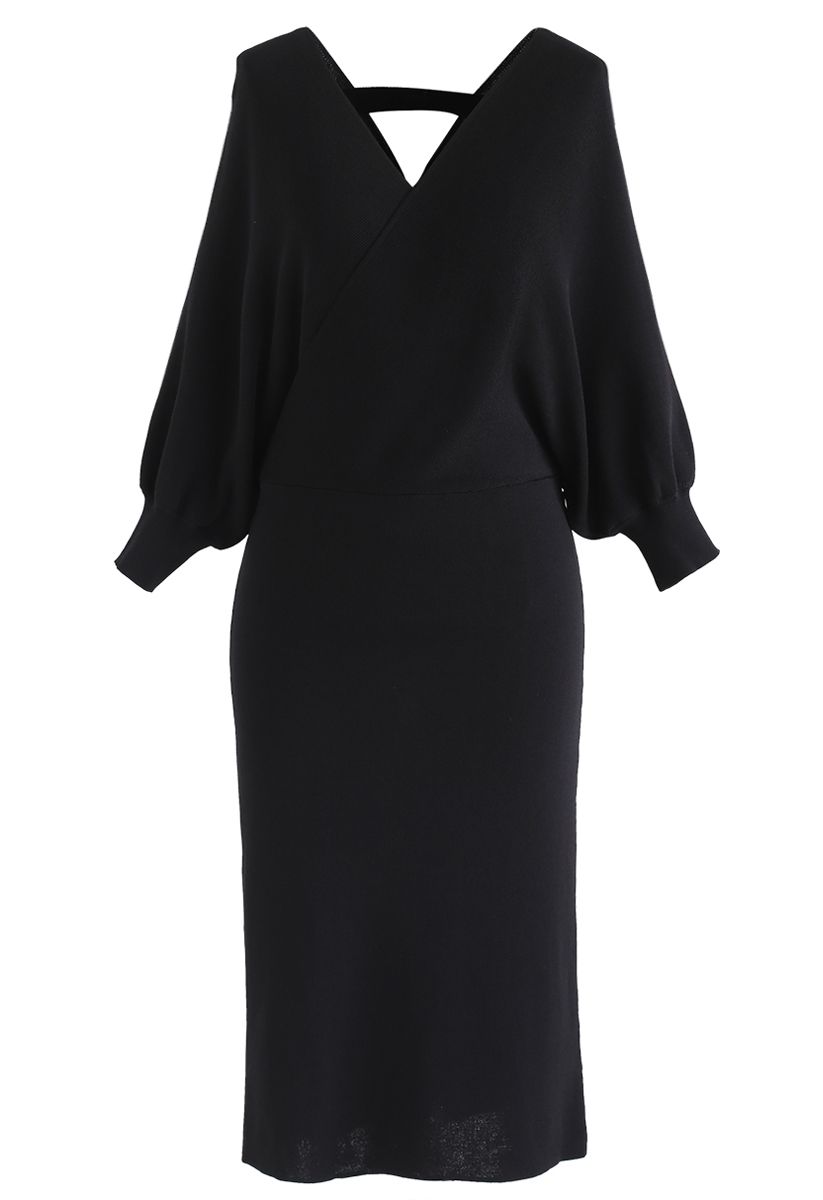 Batwing Sleeves Wrapped Knit Midi Dress in Black