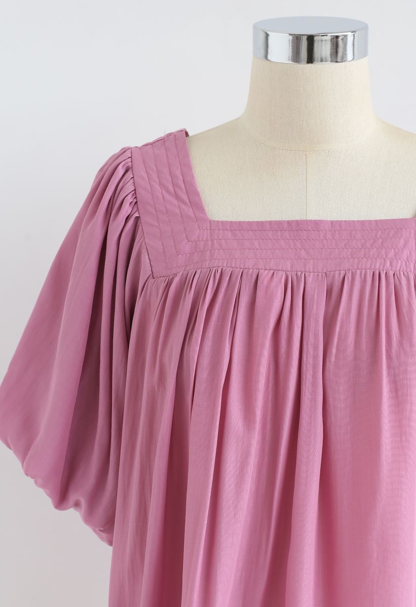 Square Neck Puff Sleeves Top in Pink