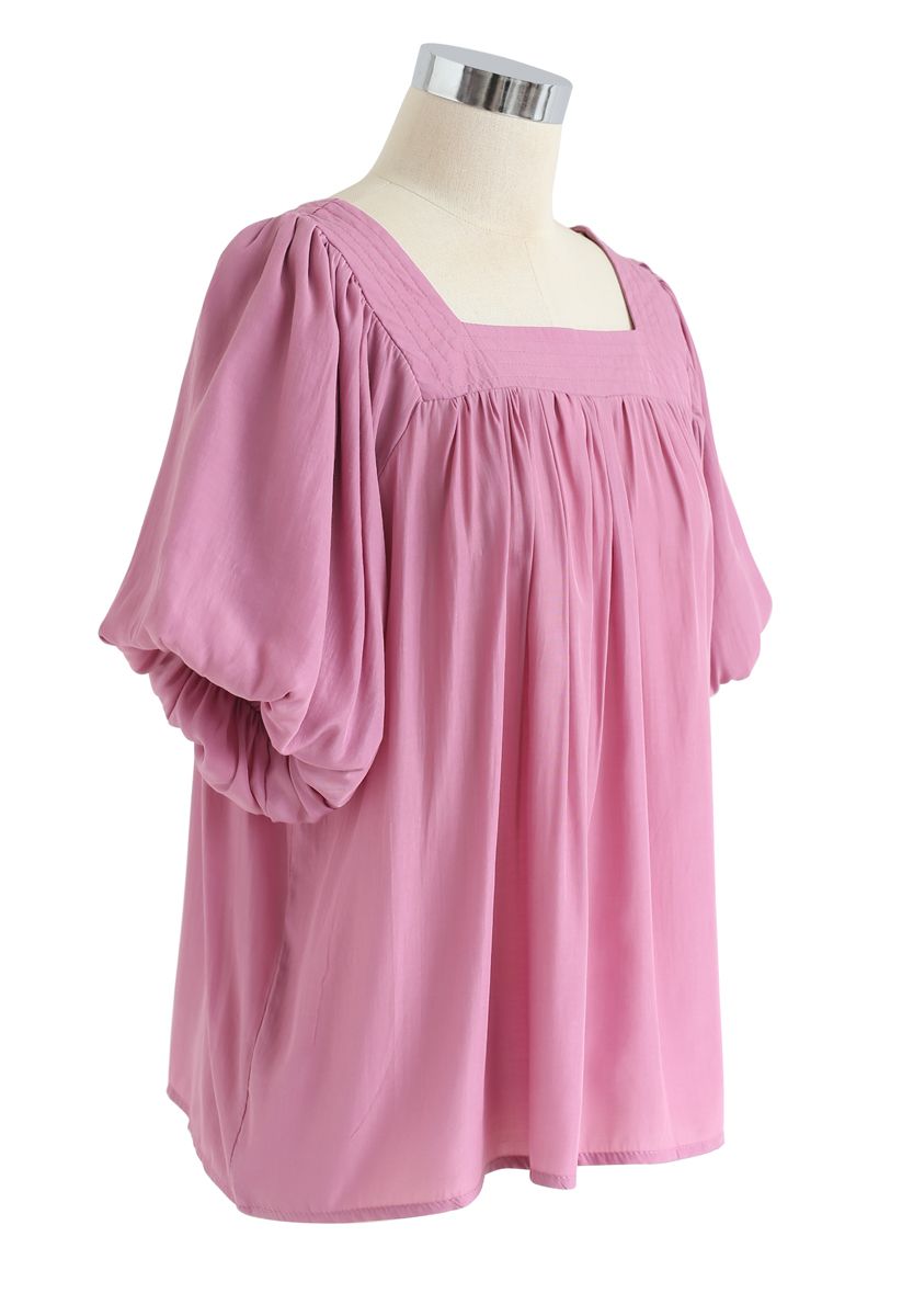 Square Neck Puff Sleeves Top in Pink