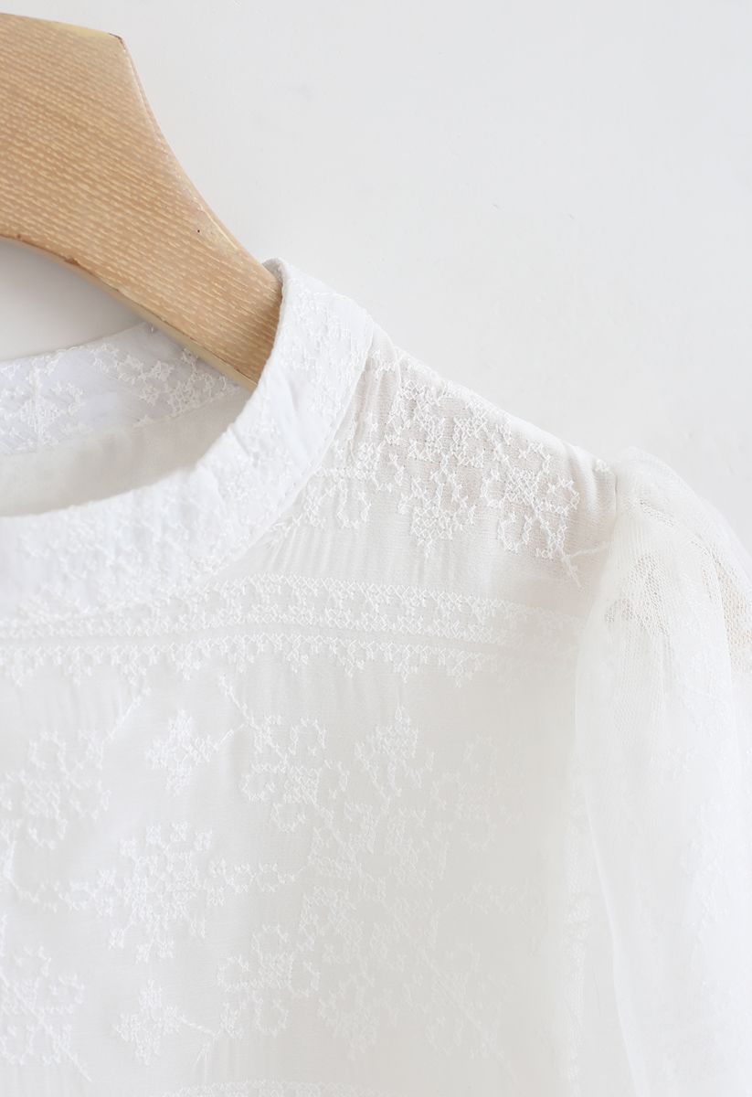 Snowflakes Embroidered Mesh Sleeves Top in White
