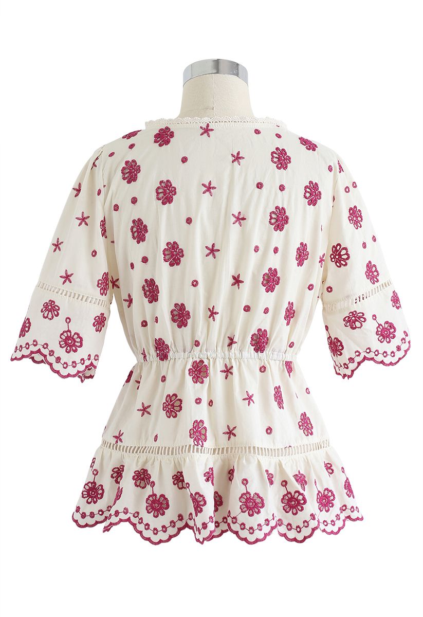 Floral Broderie Anglaise Wrap Peplum Top in Berry