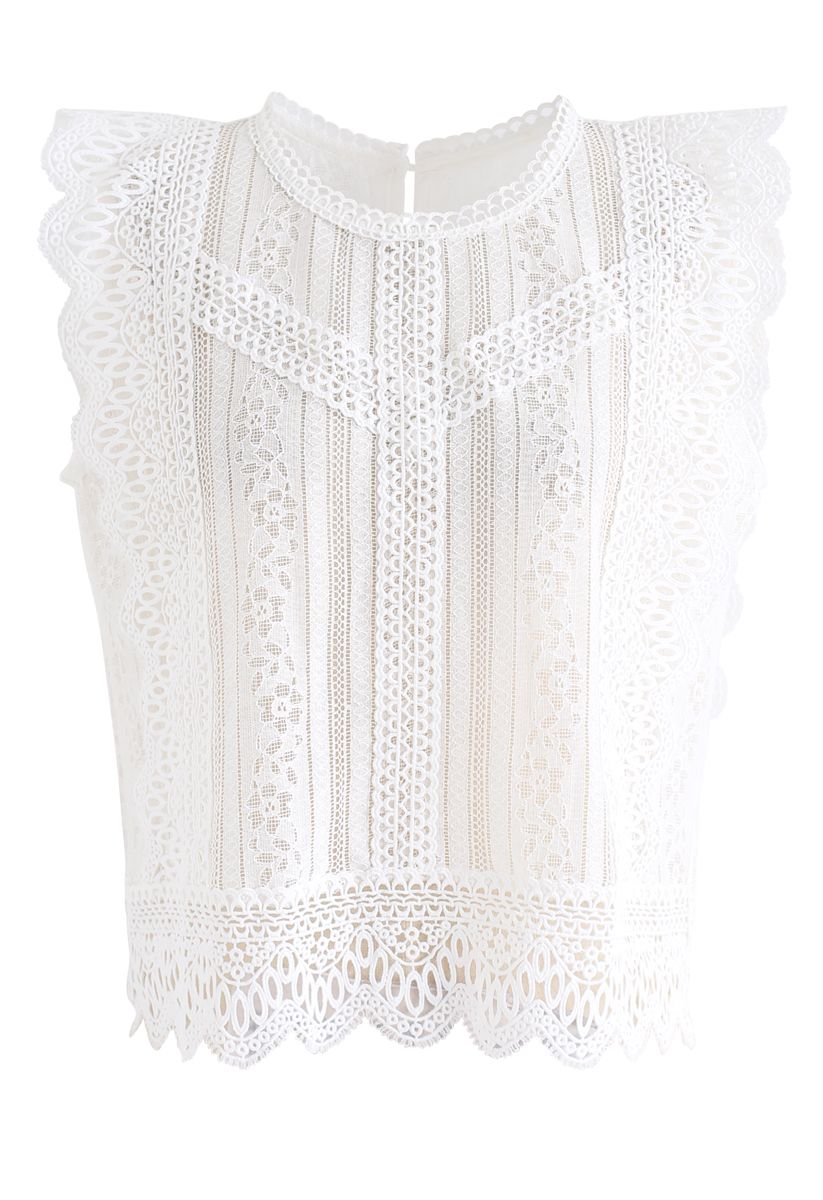 Crochet Trim Sleeveless Lace Top in White